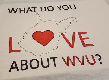 Poster with State of WV and Words What do you Love about WVU?
