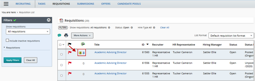 WVU Hire sceenshot showing number of candidates listed to left of requisition number.