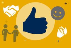 Cartoon infographic of thumbs up, clapping hands and other encouraging icons