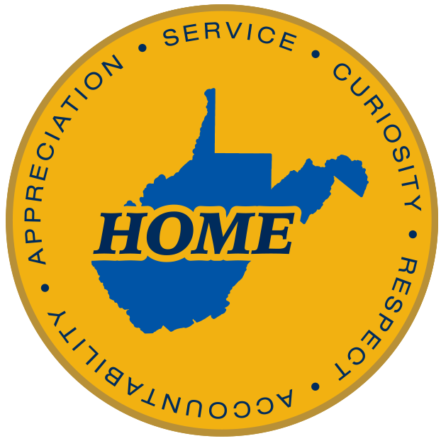 Gold background with a blue shape of WV with the word Home inside and Mountaineer Values wrapped along the edge