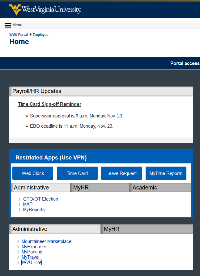 Screenshot of Portal.wvu.edu with displaying Administrative tab and WVU Hire link