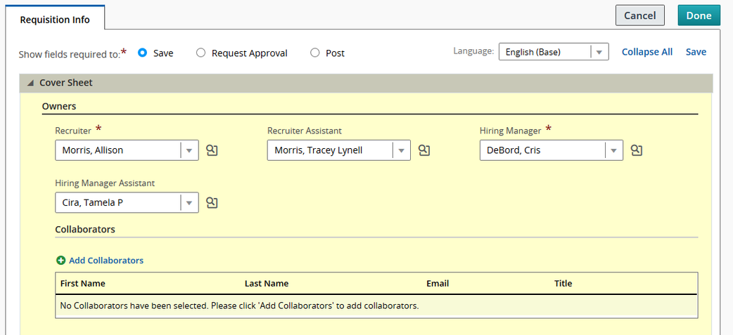 Requisition Fields displaying Add Collaborator option
